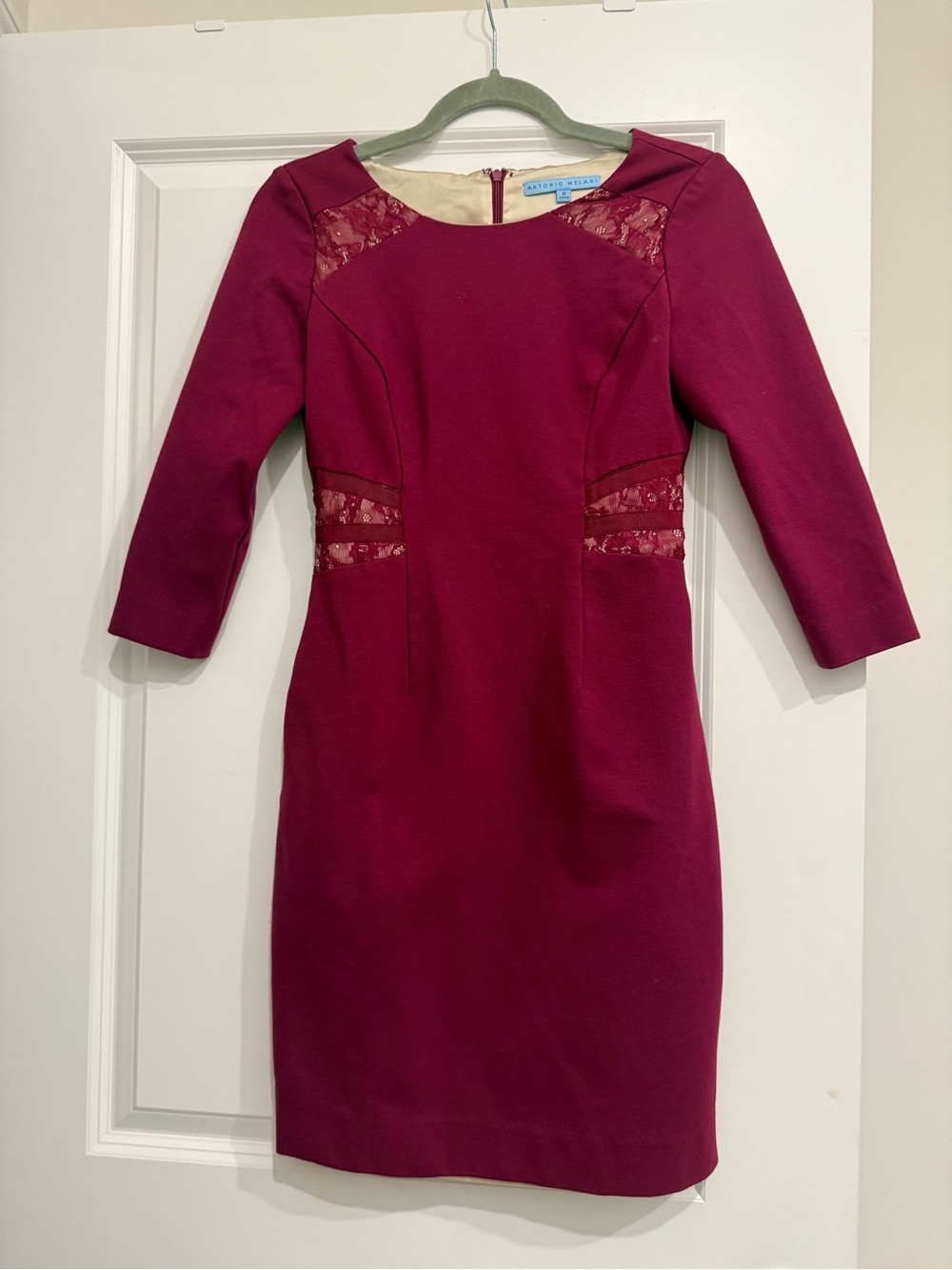 ANTONIO MELANI Burgundy Lace-Inset Long Sleeve Sheath Dress